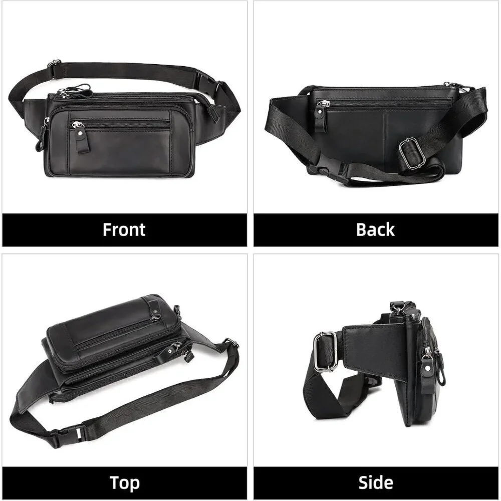 💫 Men Black Leather Adjustable Fashion Small Travel Hiking Cycling Waist Packs